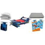 Set Airplane 5 piese - pat avion, biblioteca, etajera, lenjerie cu avioane, set pitlota si pena, saltea